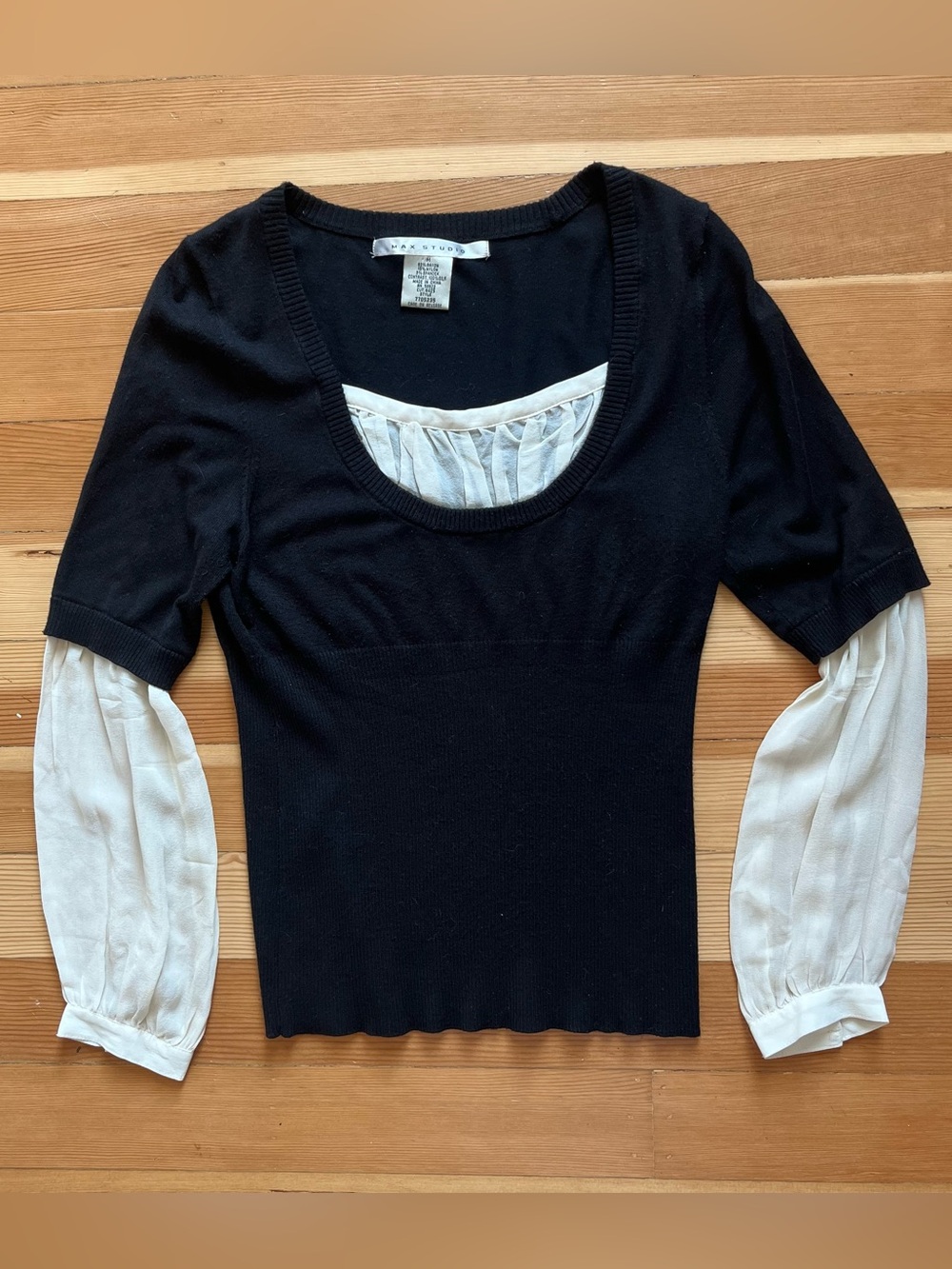 Vintage Max Studio black scoop neck sweater with silk trimming